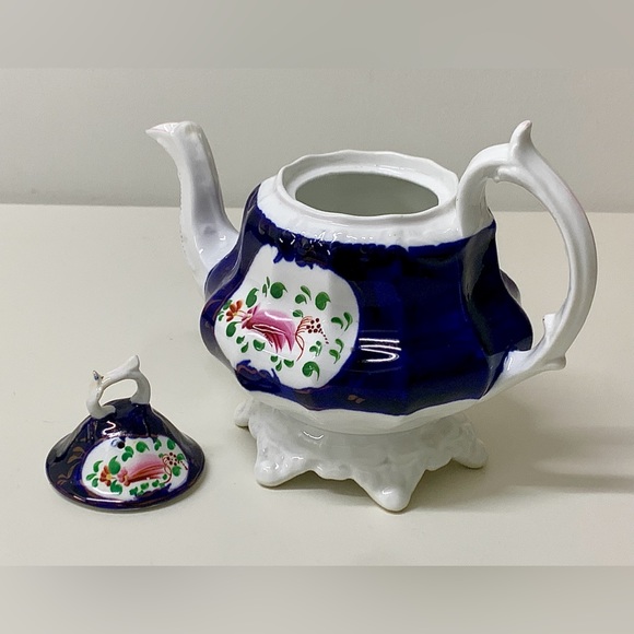 19th Century Antique Gaudy Welsh Feather Pattern Ring Finial Lidded Teapot - Picture 8 of 16